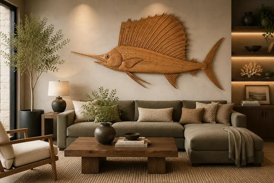 Carved wood sailfish wall art