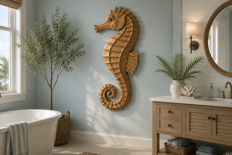 Carved wood seahorse wall art