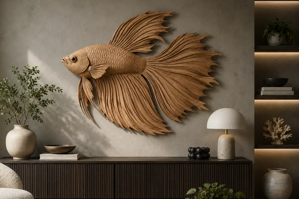Carved wood Siamese fighting fish wall art