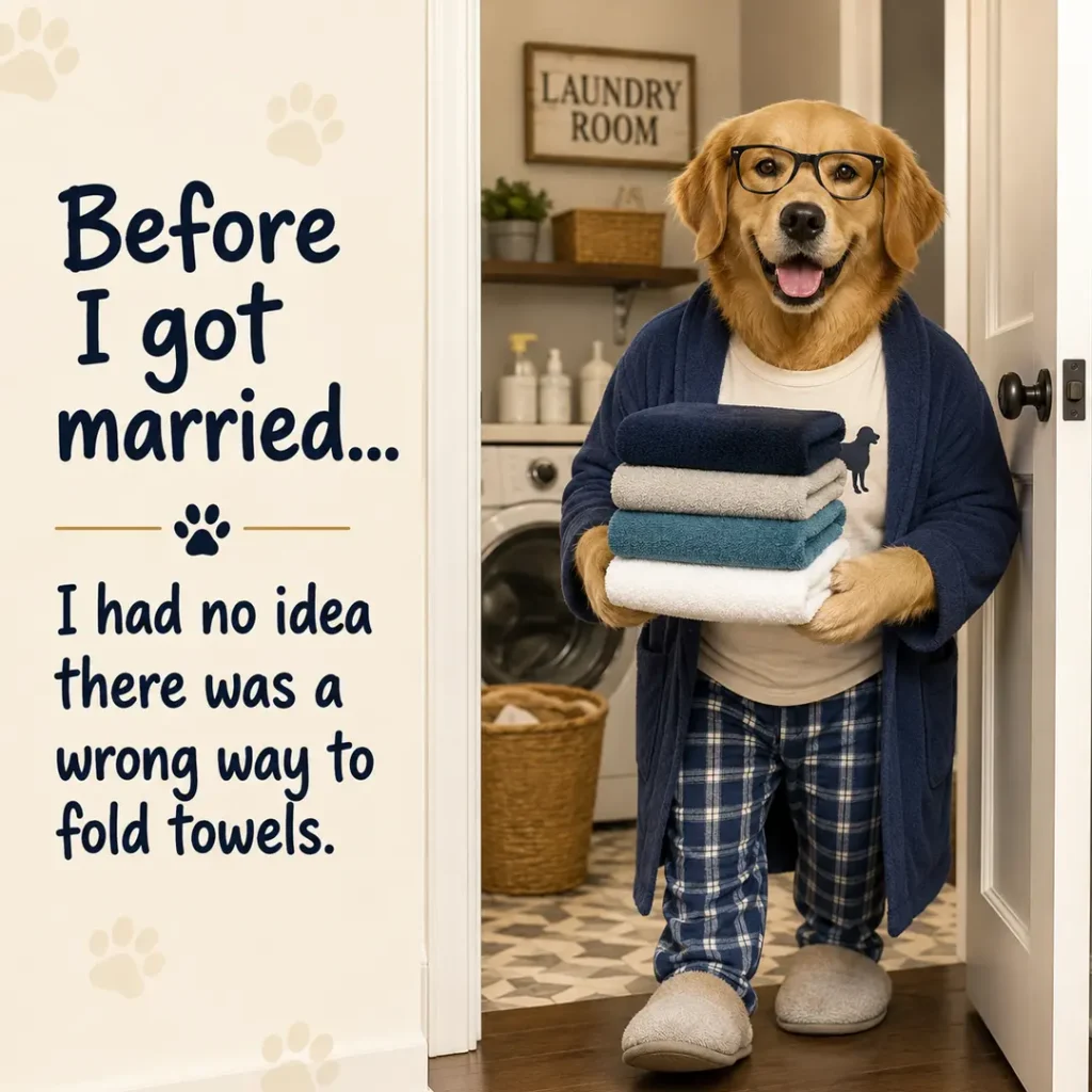 Golden Retriever in glasses and pajamas carries folded towels from the laundry room beside a humorous quote about discovering there's a "wrong" way to fold towels after marriage.