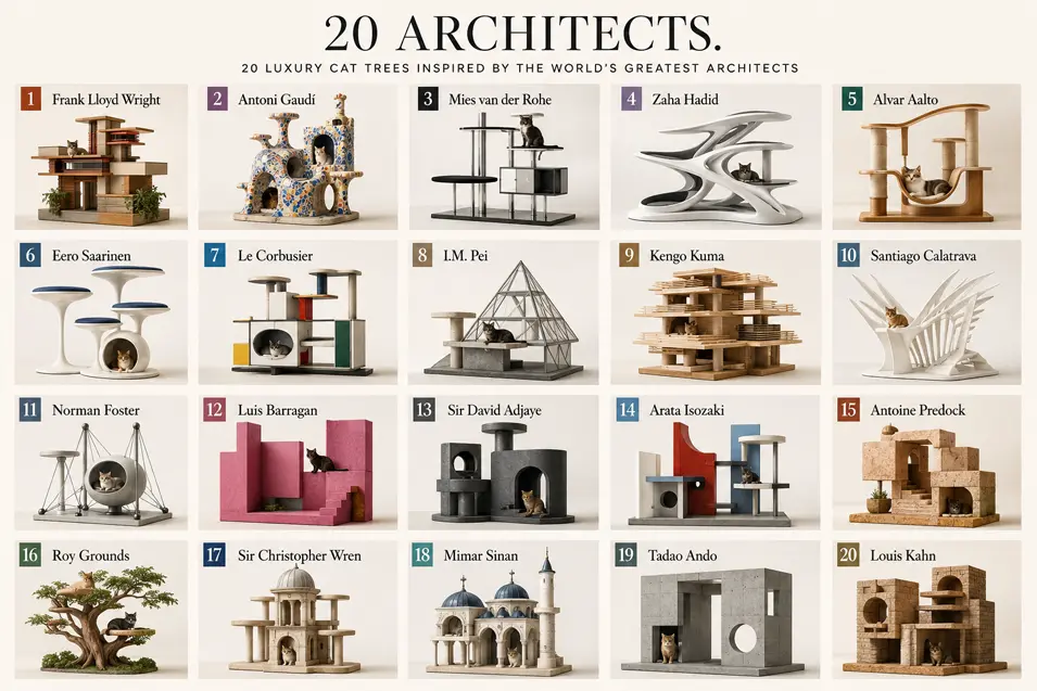 20 architect-inspired luxury cat trees showcased in a stylish collage, celebrating iconic design through imaginative, handcrafted feline furniture.