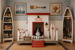 Coastal dog room featuring a lifeguard station dog house, boat-shaped shelves, surfboard décor and a happy Border Collie in a beach-inspired retreat.