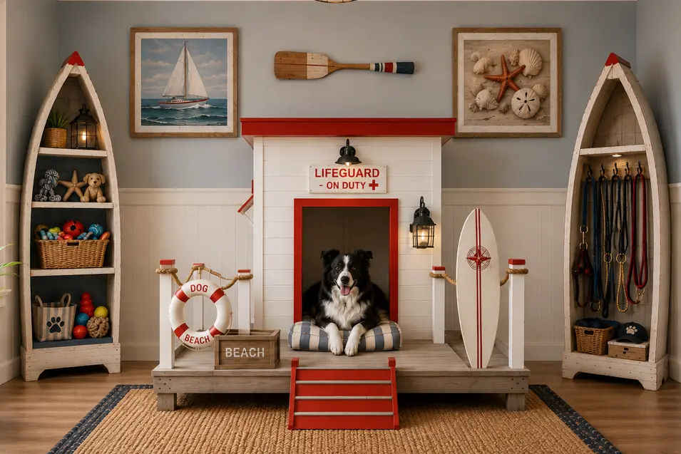 Coastal dog room featuring a lifeguard station dog house, boat-shaped shelves, surfboard décor and a happy Border Collie in a beach-inspired retreat.