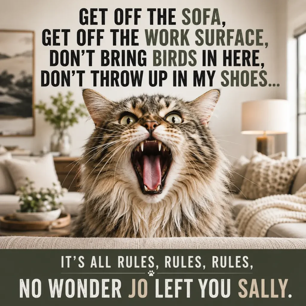 Funny tabby cat appears fed up with house rules in a cozy living room, paired with a humorous caption about cats, birds, shoes, and Jo leaving Sally.