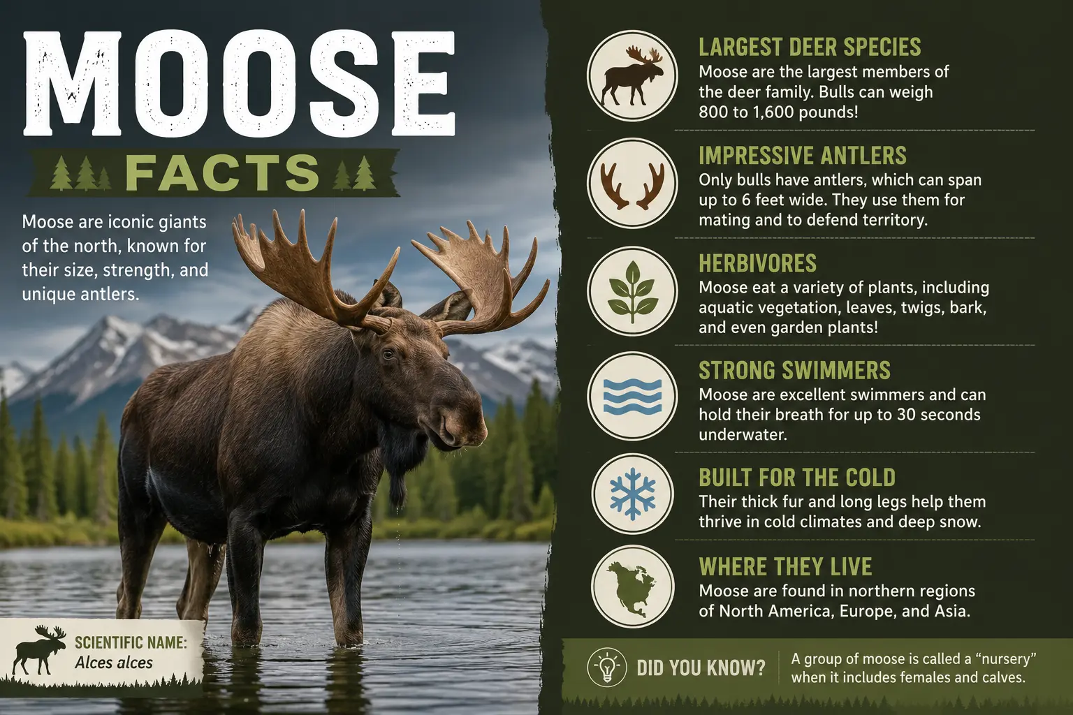 Bull moose standing in a mountain river with an infographic highlighting fascinating moose facts, including size, antlers, diet, habitat, and swimming ability.