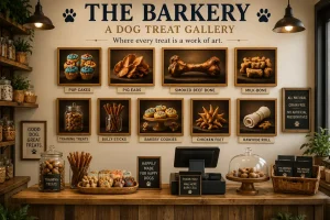 Rustic dog treat boutique featuring gourmet chews, bakery cookies and treat-inspired artwork, with a welcoming counter in The Barkery Gallery.