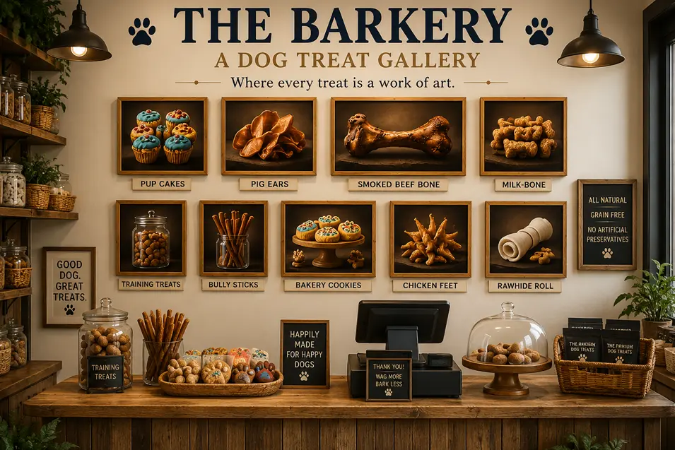 Rustic dog treat boutique featuring gourmet chews, bakery cookies and treat-inspired artwork, with a welcoming counter in The Barkery Gallery.