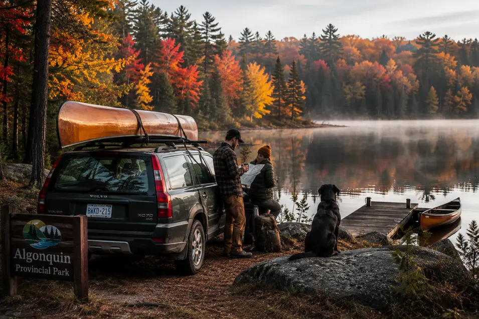 Couple, Black Lab, and canoe discover the autumn beauty of Algonquin Provincial Park, where peaceful lakes and vibrant forests invite every adventure.