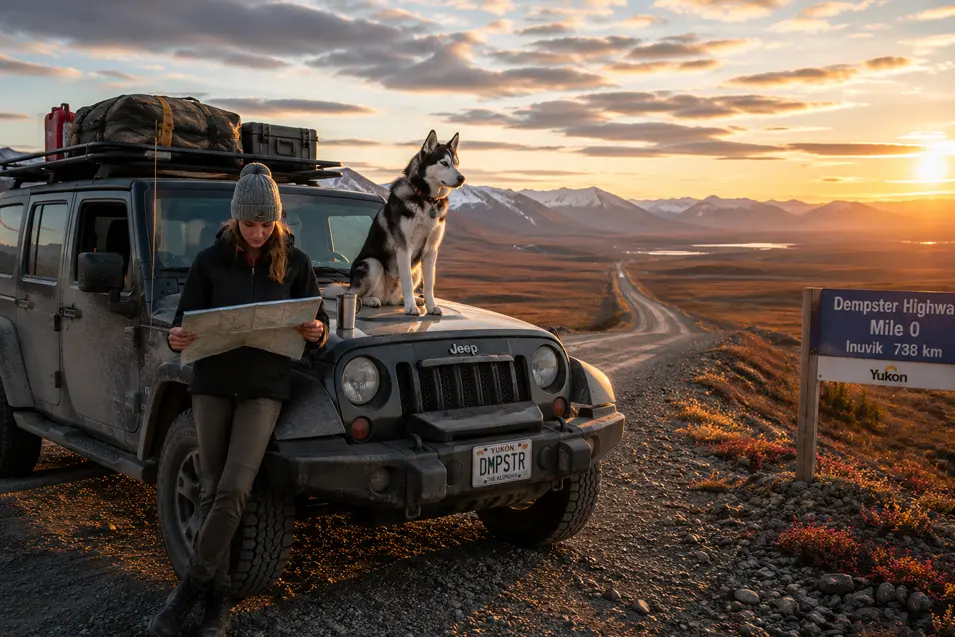 Woman and her Husky begin the legendary Dempster Highway adventure, where endless roads, mountain vistas, and Yukon wilderness stretch to the horizon.