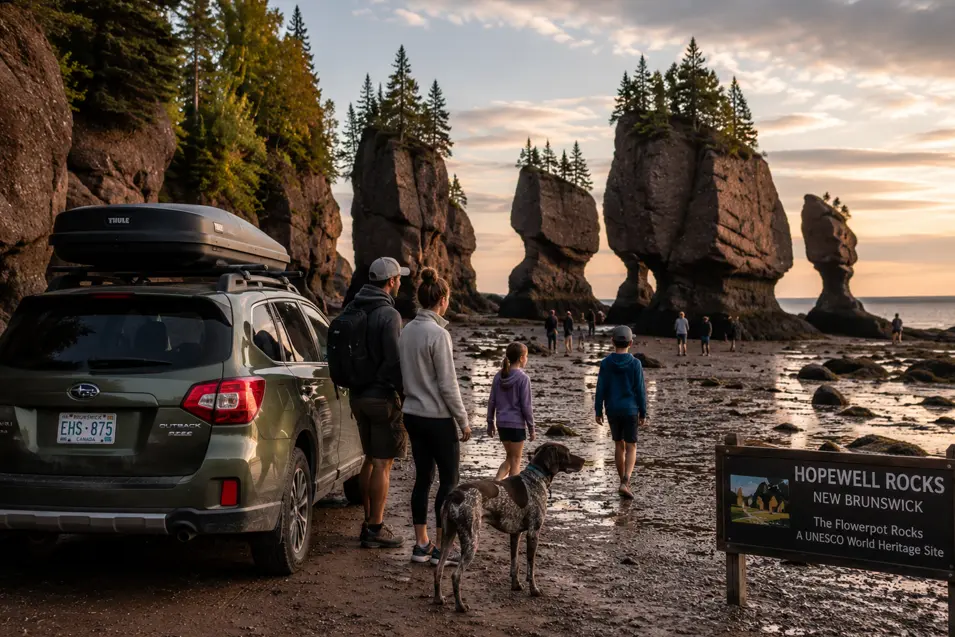 Family and German Shorthaired Pointer explore New Brunswick's iconic Hopewell Rocks, where towering sea stacks and dramatic Bay of Fundy tides await.