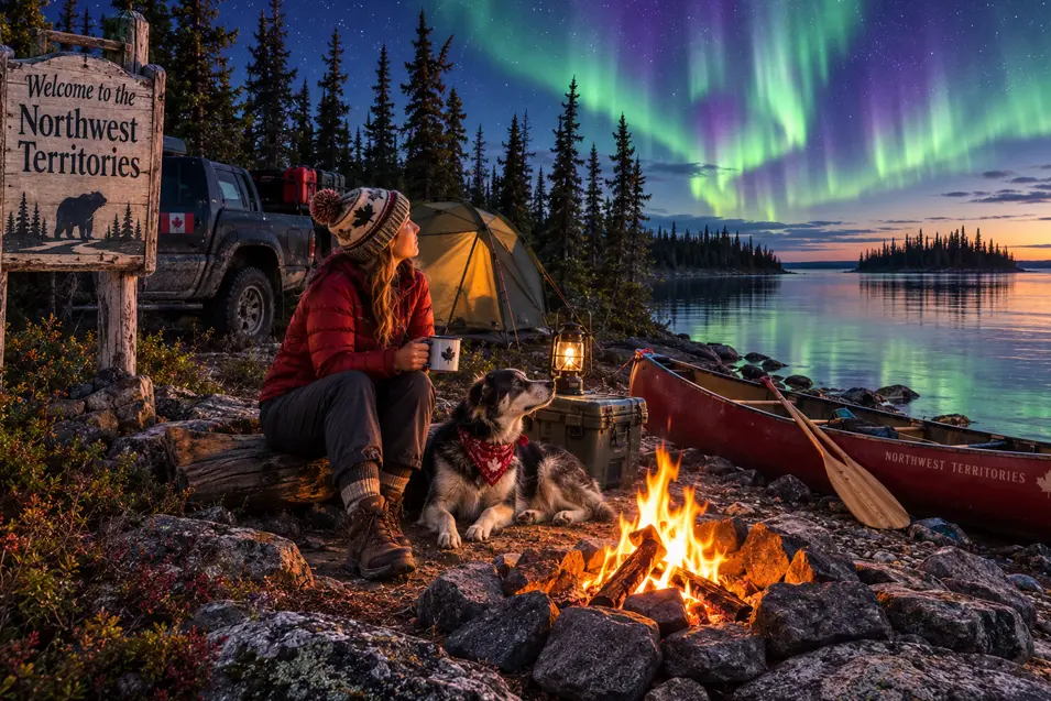 Woman and her Border Collie relax by a campfire beneath the Northern Lights, capturing the unforgettable beauty of Canada's Northwest Territories.
