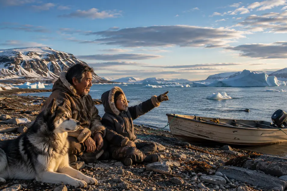 An Inuit elder, child, and loyal Husky share a quiet moment on Greenland-like Arctic shores, where icebergs, wildlife, and tradition meet the northern sea.