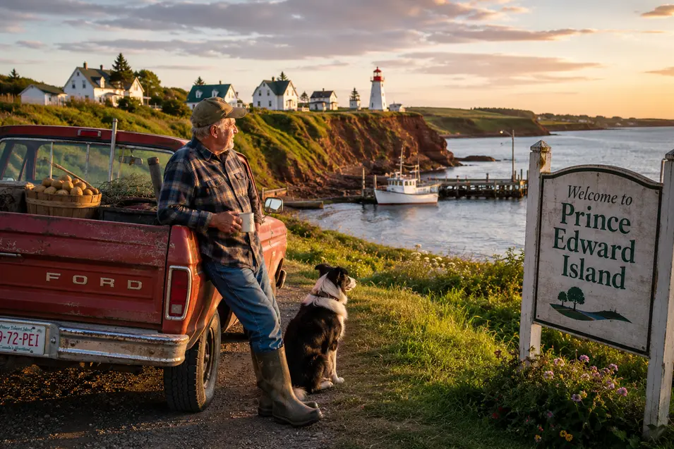 Farmer and Border Collie take in Prince Edward Island's iconic red cliffs, lighthouse, and coastal charm beside a classic vintage Ford pickup.