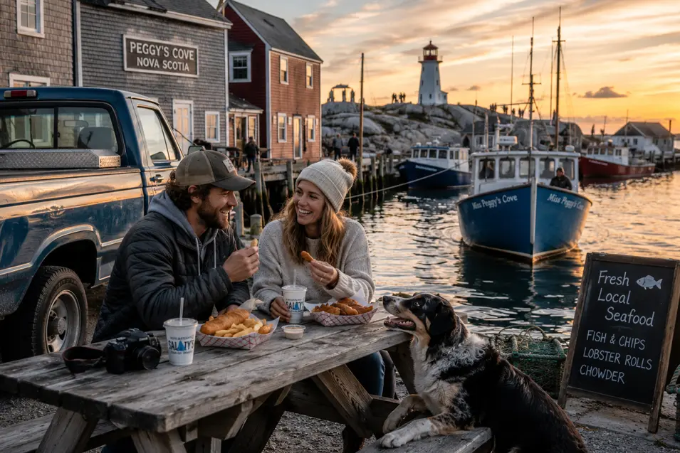 Couple and Australian Shepherd enjoy fresh seafood at Peggy's Cove as the sun sets over Nova Scotia's iconic lighthouse and picturesque fishing harbour.
