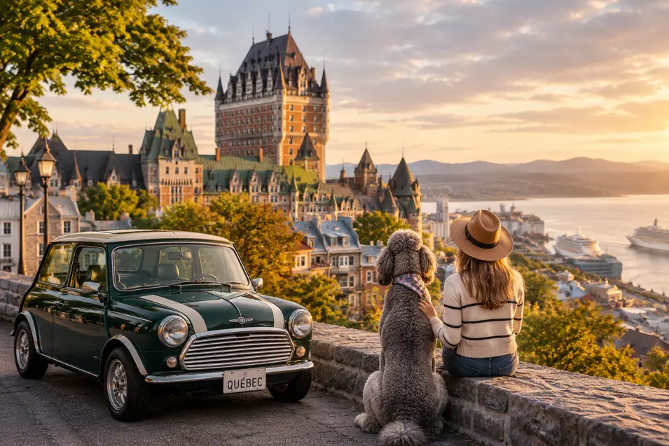 Woman and Standard Poodle admire the sunset over Old Québec City, with Château Frontenac and a classic Mini Cooper completing the perfect road trip stop.