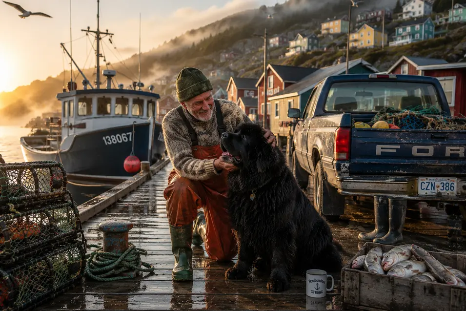 A Newfoundland fisherman and his loyal Newfoundland dog share a quiet moment on the wharf as the day's catch arrives in a colourful outport harbour.