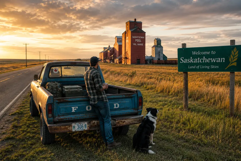 Vintage Ford pickup and loyal Border Collie welcome you to Saskatchewan, where golden prairies, endless skies, and iconic grain elevators define the journey.