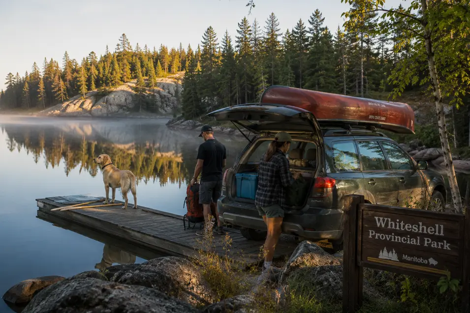 Morning at Whiteshell Provincial Park, where a Labrador, canoe, and quiet lakeside campsite capture the peaceful spirit of Manitoba's wilderness.