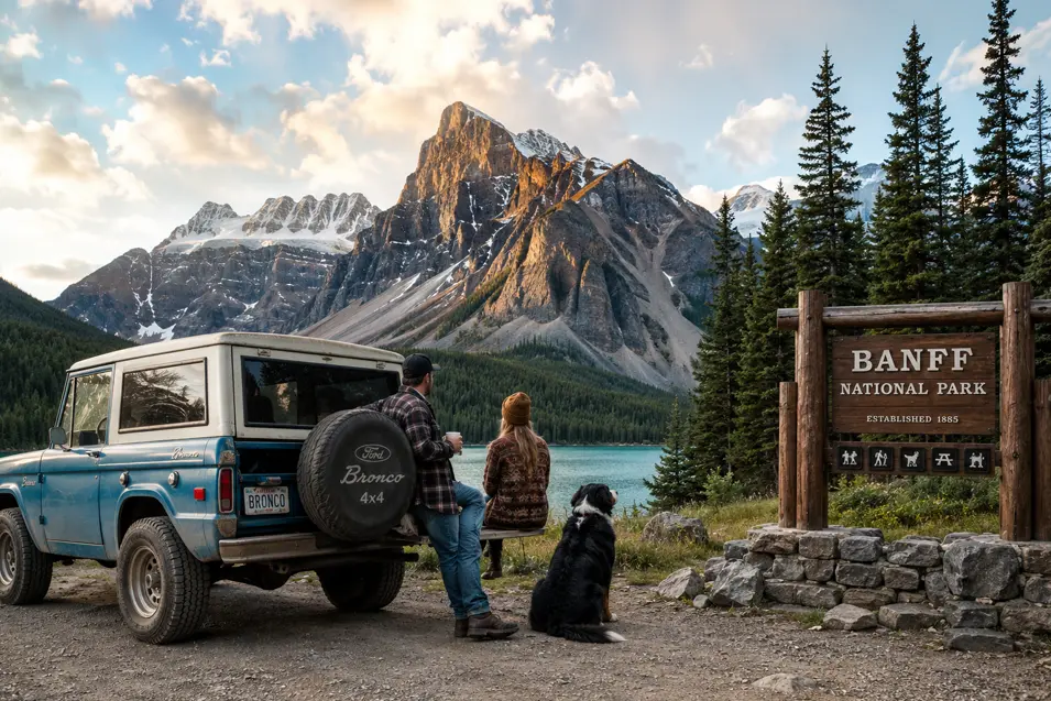 Couple and their Border Collie taking in the breathtaking beauty of Banff National Park beside a classic Ford Bronco and turquoise mountain lake.