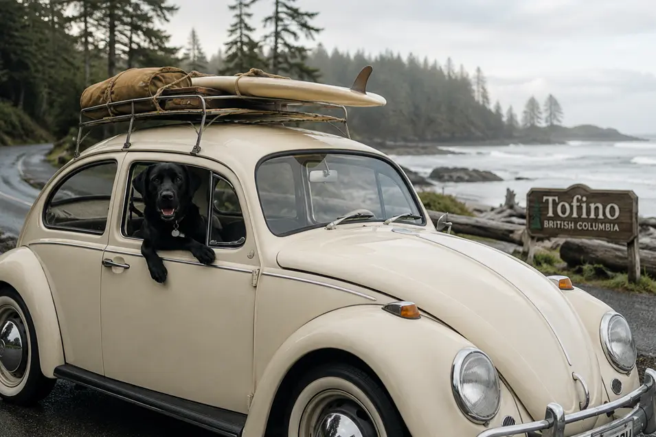 Black Lab enjoying the coastal drive through Tofino, British Columbia, with surfboards on a vintage Beetle and the rugged Pacific shoreline beyond.