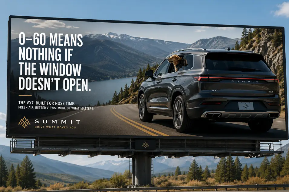 SUV drives through mountain scenery with a dog enjoying the open window, featured in a bold Summit roadside billboard ad.