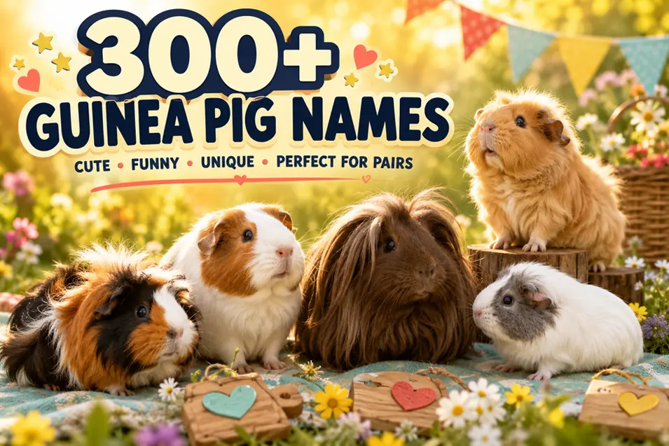 Five adorable guinea pigs pose in a sunny flower-filled garden beneath bold text promoting “300+ Guinea Pig Names,” with cute, funny, unique, and paired-name ideas.