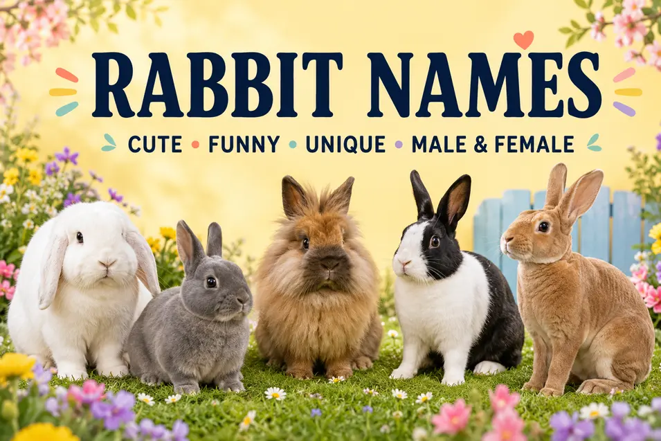 Five different rabbits pose in a colorful spring garden beneath the title “Rabbit Names” and its featured name categories.