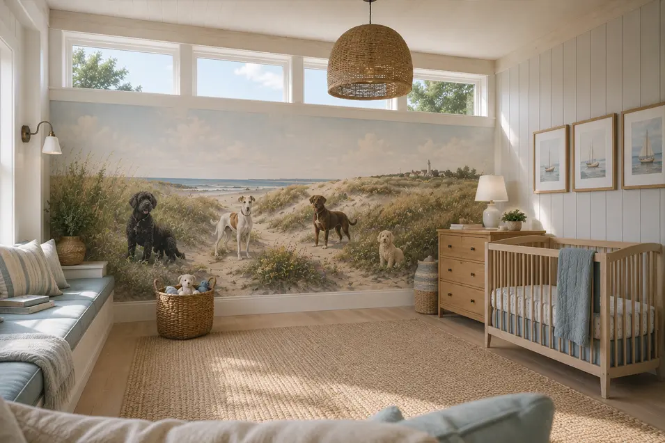 A bright coastal dog mural nursery where dogs explore windswept dunes by the sea, surrounded by airy whites, soft blues, and relaxed beach-house details.