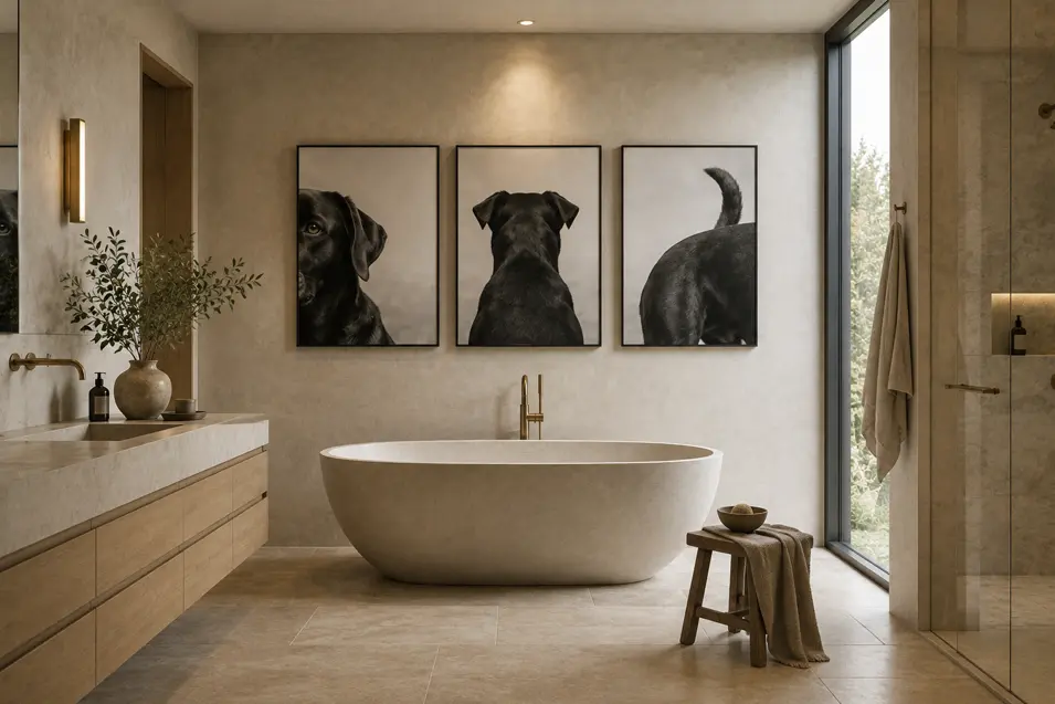 Warm minimalist bathroom with a sculptural tub, natural wood vanity, brass fixtures, and a playful three-piece black dog portrait above the bath.