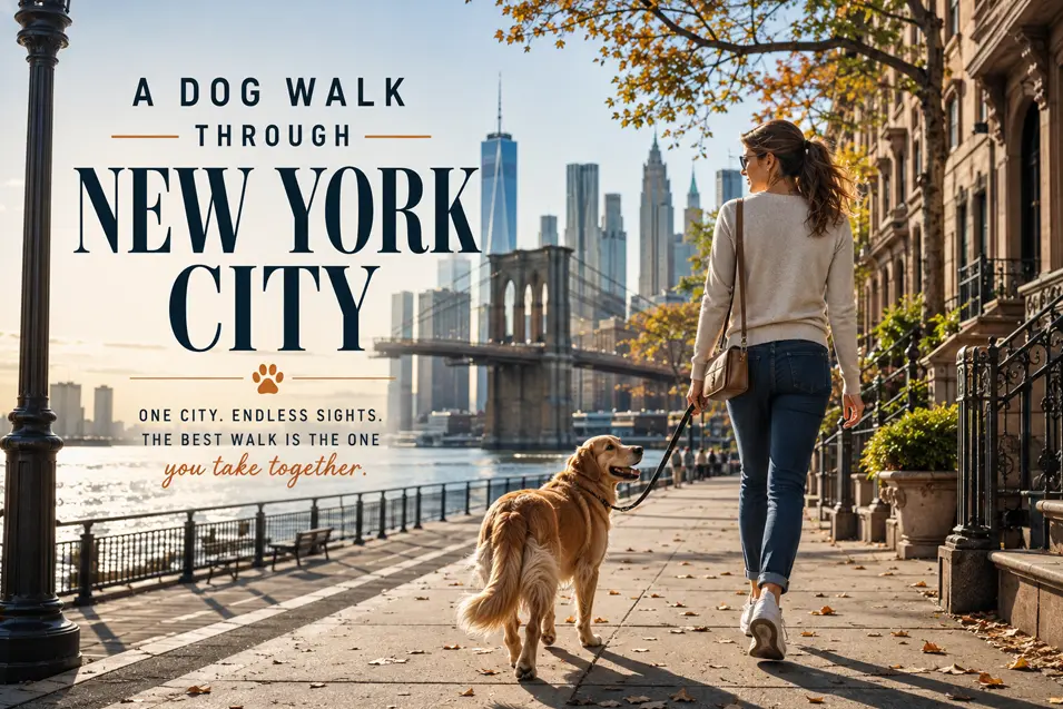 Woman walking her dog along a New York waterfront with the Brooklyn Bridge, Manhattan skyline and brownstones in the background.