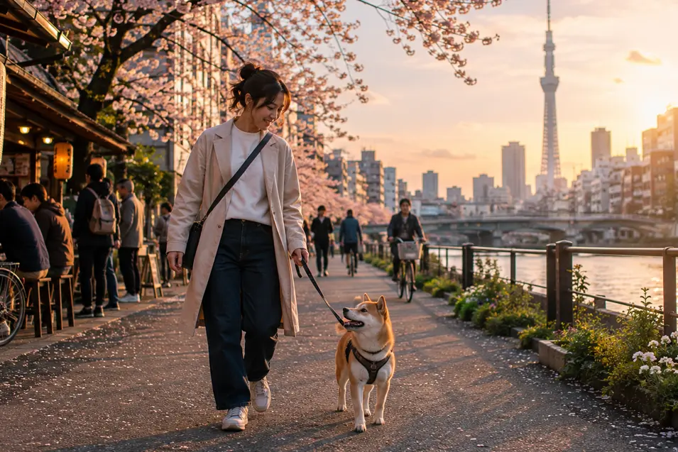A woman walks her Shiba Inu beneath Tokyo cherry blossoms at sunset, with riverside life, lanterns and the city skyline beyond.