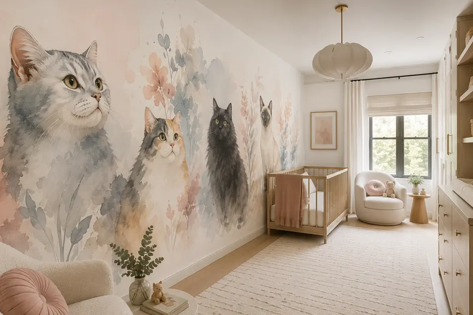 This is a dreamy watercolor cat mural nursery—soft blush and blue florals frame oversized painted cats, creating a whimsical focal wall in a warm, modern baby room.