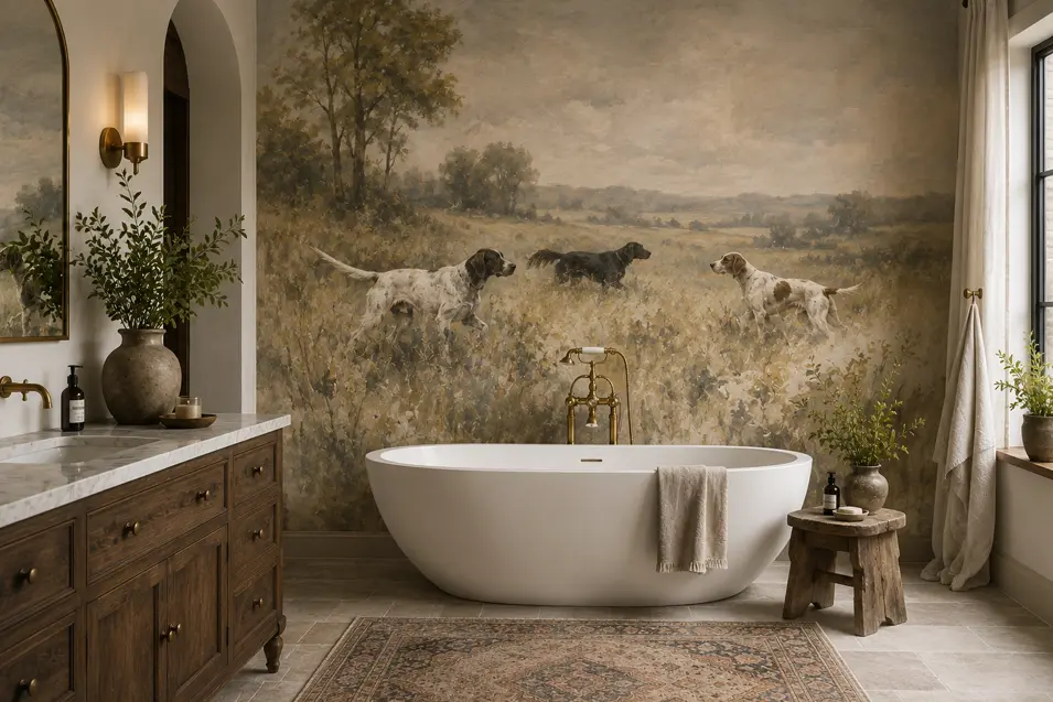 Warm country-style bathroom with a freestanding tub, rustic wood vanity, brass fixtures, and a sweeping pastoral mural featuring hunting dogs.