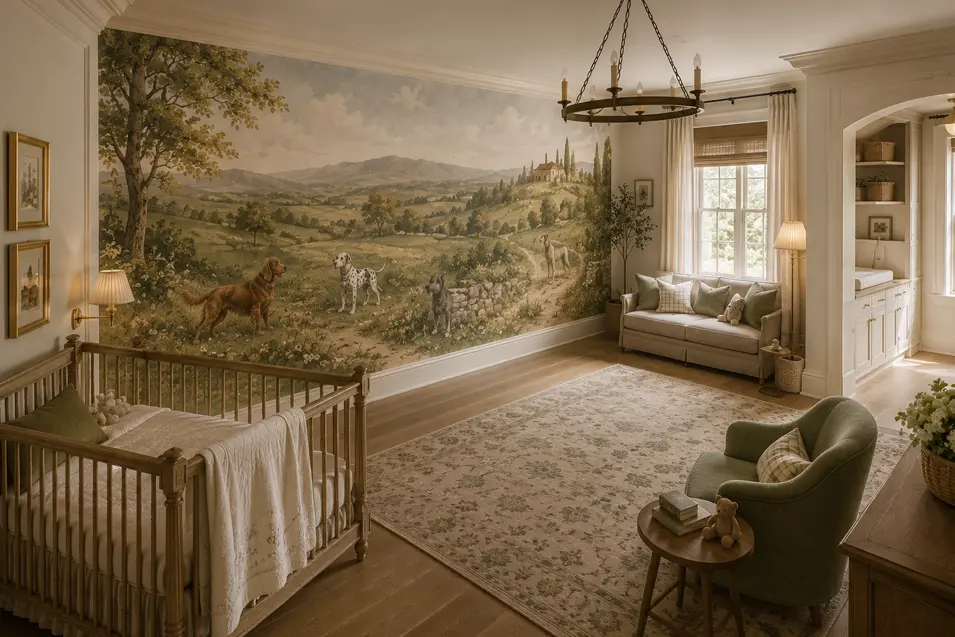 A pastoral dog mural nursery featuring dogs roaming a dreamy countryside landscape, paired with warm wood, soft sage, and timeless English-country style.