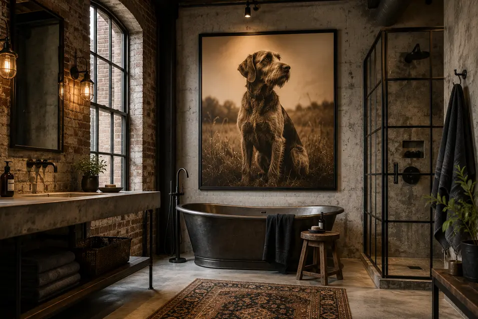 Moody industrial bathroom with exposed brick, concrete walls, a metal tub, black fixtures, and a dramatic oversized portrait of a rugged dog.