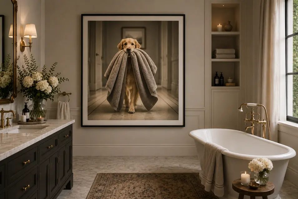 Elegant bathroom with marble floors, brass fixtures, a freestanding tub, and oversized art of a dog proudly carrying a bundle of towels.