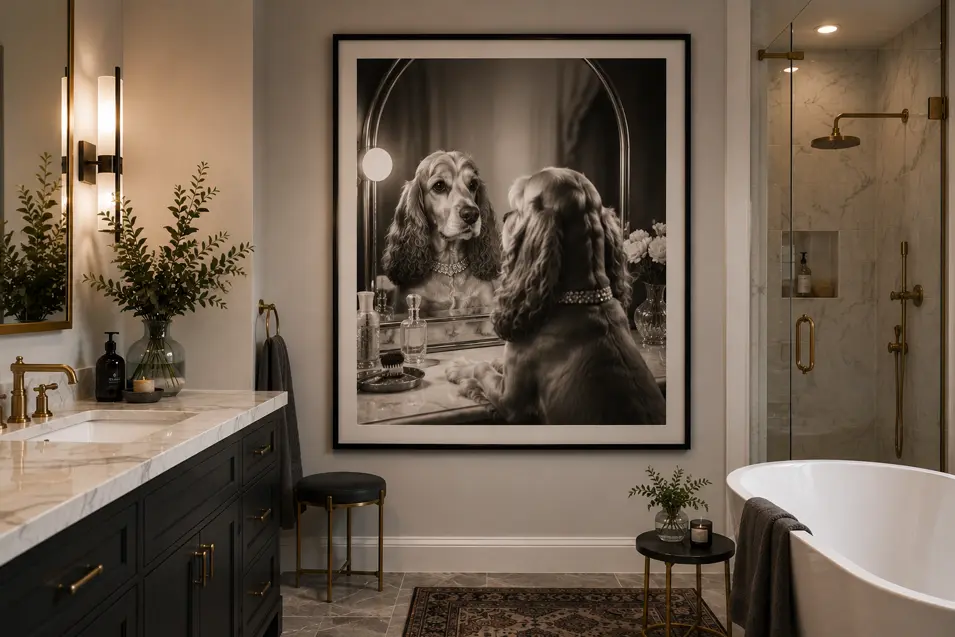 Elegant bathroom with marble, dark cabinetry, brass accents, and oversized black-and-white dog art depicting a glamorous vanity moment.