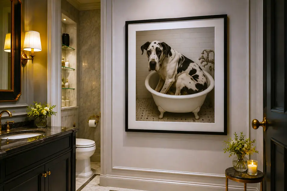 Elegant traditional bathroom with dark cabinetry, marble finishes, warm brass accents, and oversized black-and-white art of a Great Dane squeezed into a tiny tub.