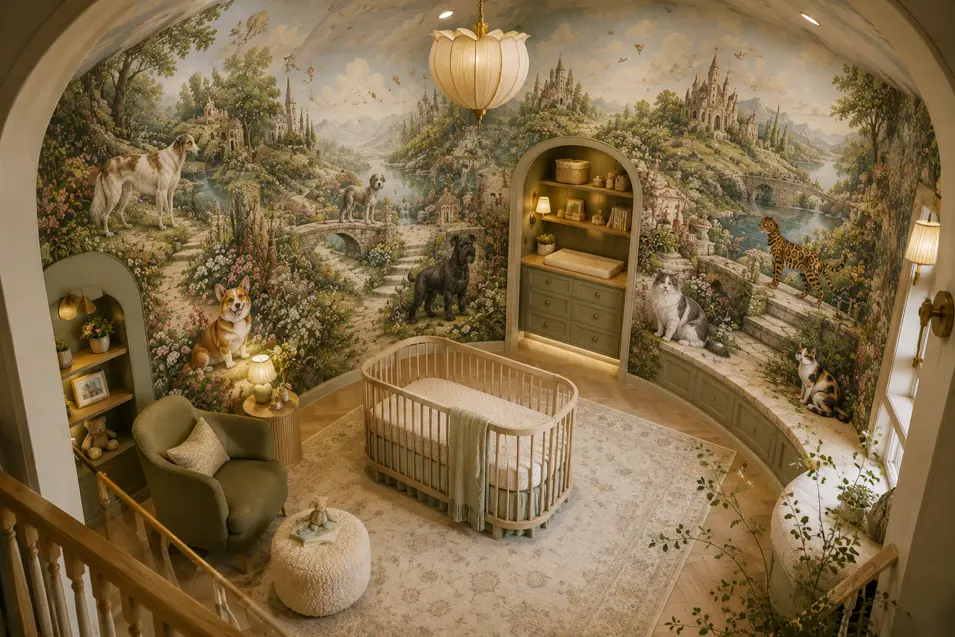 A fantasy storybook pet mural nursery where dogs and cats inhabit an enchanted kingdom of castles, bridges, gardens, and winding paths.