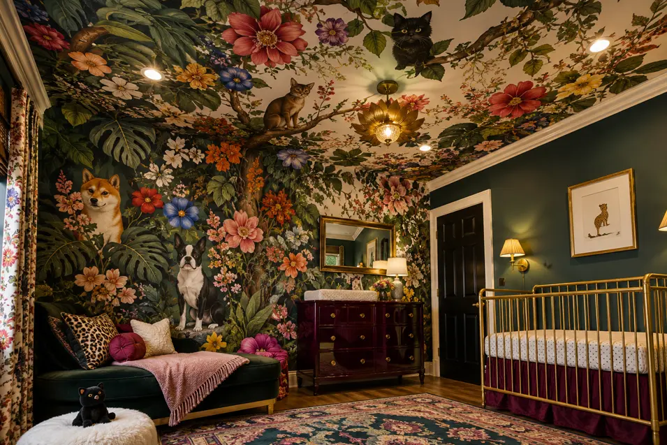 A maximalist botanical pet mural nursery where dogs and cats hide among oversized tropical blooms, paired with jewel tones, brass, and dramatic pattern.