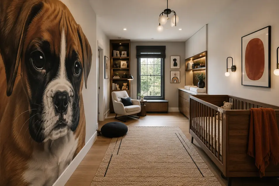 A bold oversized dog portrait nursery where a dramatic Boxer mural anchors a contemporary room with rich walnut, black accents, and burnt orange details.
