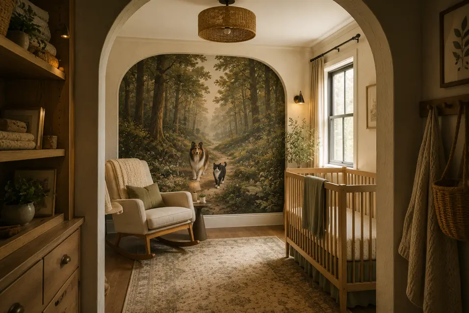 A woodland adventure pet mural nursery where a dog and cat wander along a forest path, creating a cozy, storybook retreat framed by soft arches.