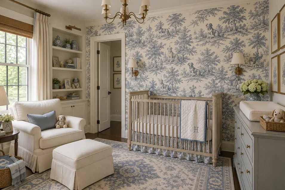 This is a traditional blue-and-white dog toile nursery—an elegant baby room built around pastoral dog-patterned wallpaper, layered with warm ivory furnishings, antique brass lighting, tailored textiles, and classic English-inspired details.