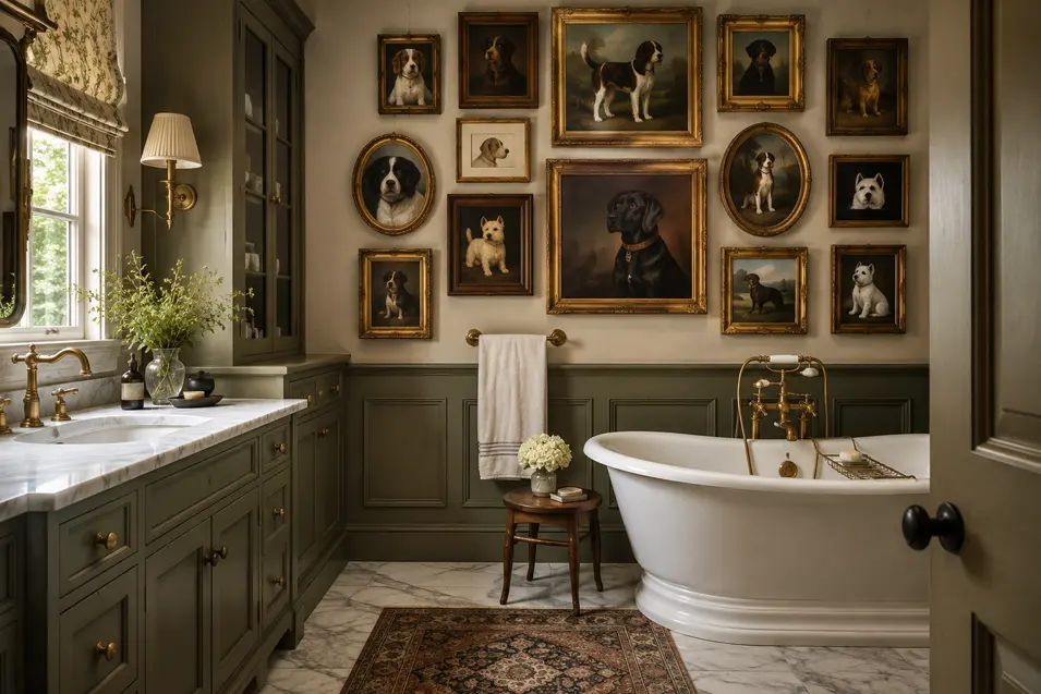 Sophisticated traditional bathroom with olive cabinetry, marble floors, brass fixtures, a freestanding tub, and an eclectic gallery of vintage dog portraits.