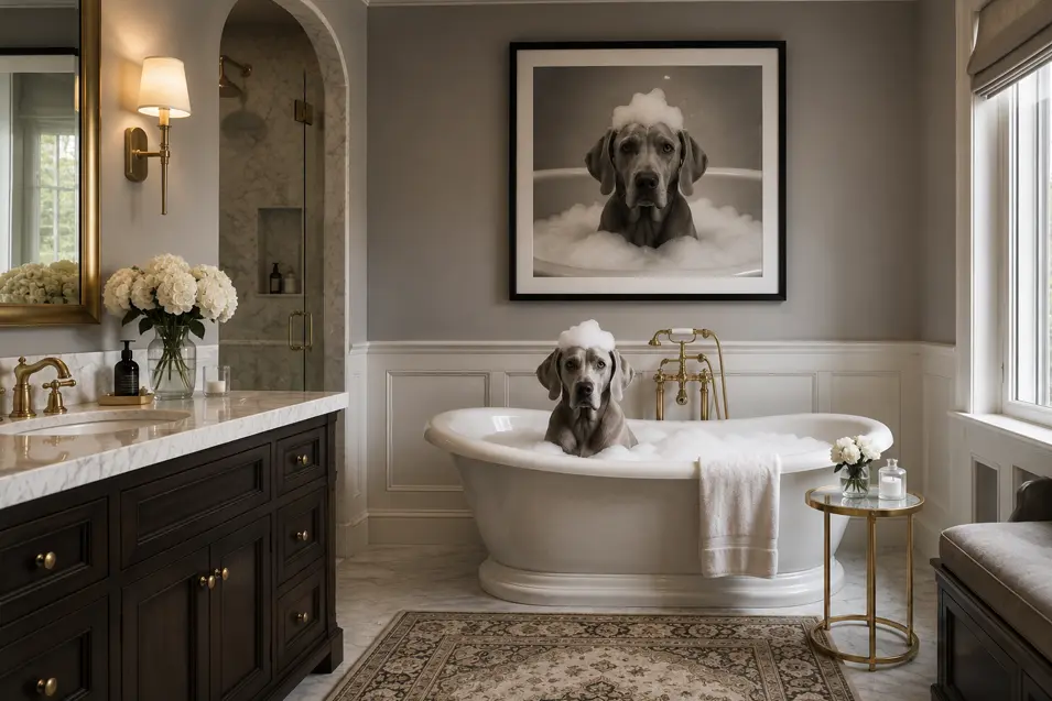Elegant bathroom with a bubble-bathed dog, marble finishes, brass fixtures, dark wood cabinetry, and playful framed dog photography.