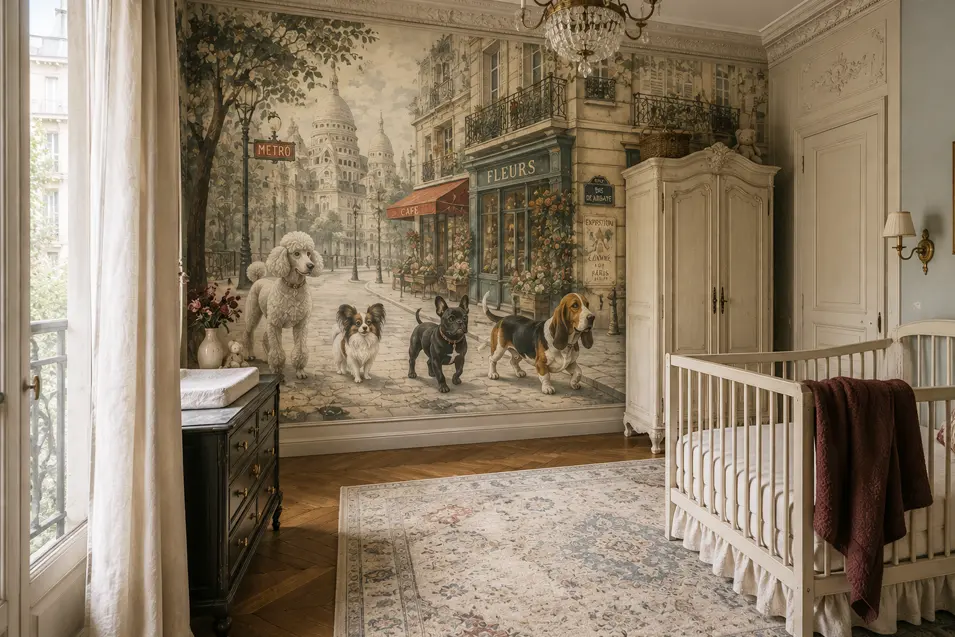A Parisian dog mural nursery where a charming pack strolls through a romantic Montmartre street scene, bringing whimsical French character to an elegant baby room.