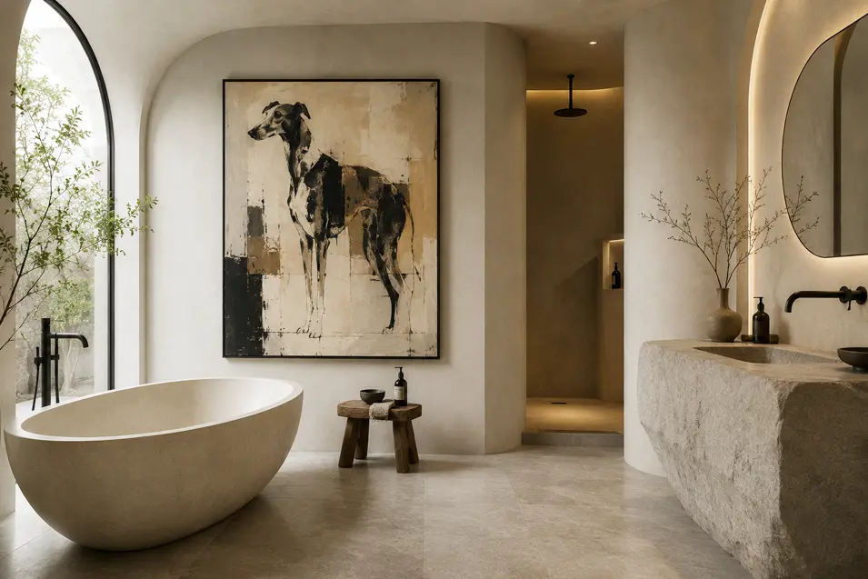 Sculptural minimalist bathroom with organic curves, a stone tub and vanity, soft neutral tones, and a striking oversized greyhound artwork.