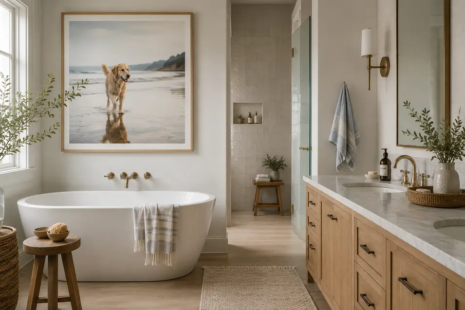 Bright coastal bathroom with pale wood cabinetry, a freestanding tub, soft neutral finishes, and a large framed photograph of a dog on the beach.