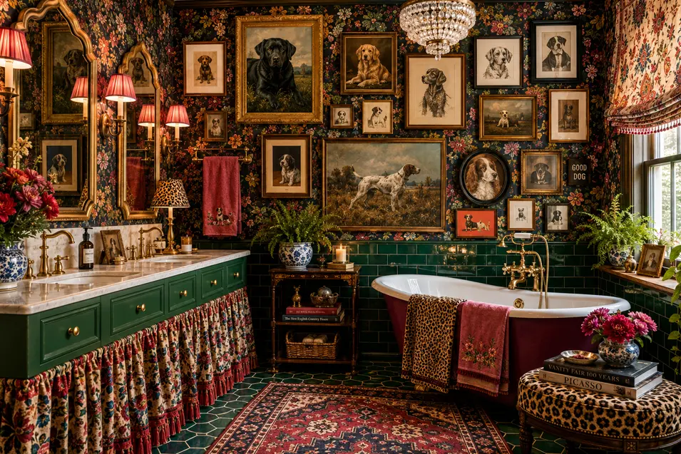 Bold maximalist bathroom with floral wallpaper, emerald tile, a burgundy tub, leopard accents, and an exuberant gallery wall of dog portraits.