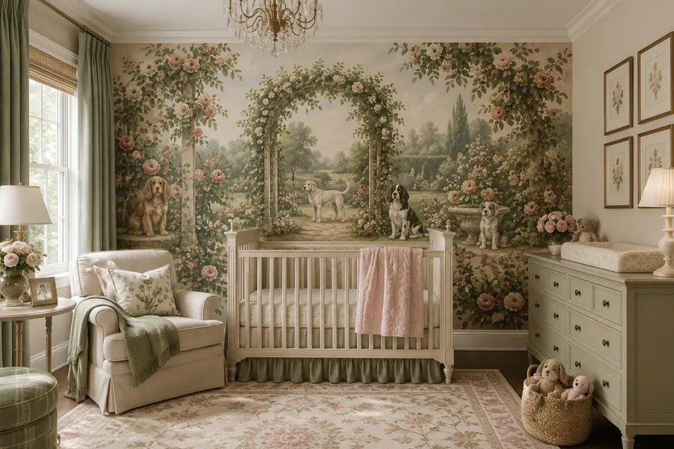 A dreamy English garden where beautiful blooms, winding paths, and charming dogs come together in a peaceful countryside setting.